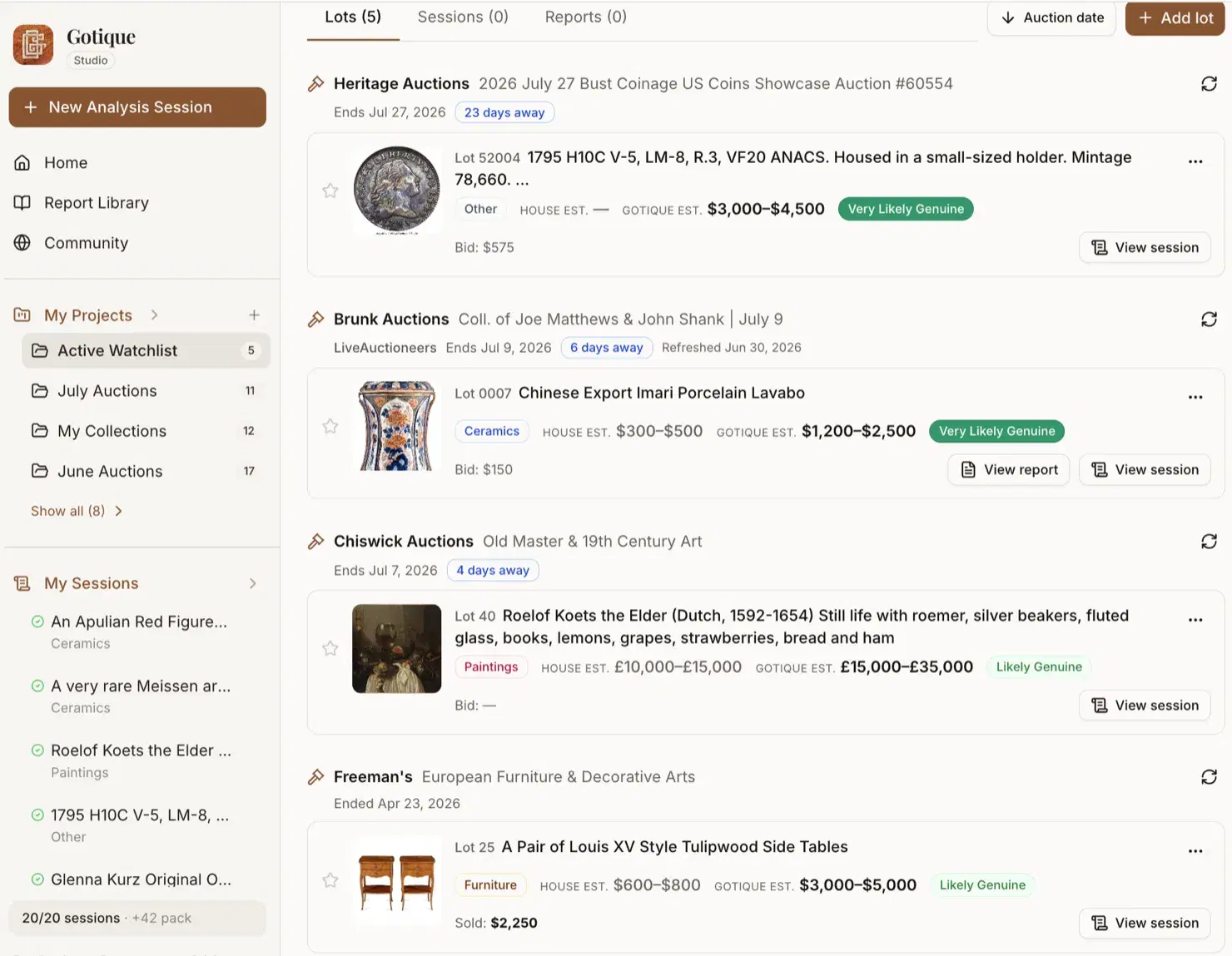 Gotique auction watchlist tracking lots from several houses — a US coin, Chinese porcelain, a Dutch Old Master painting and a French cabinet — each with an authenticity read and a value range