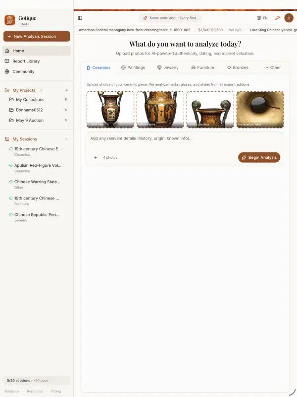Photo upload interface on iPad showing multiple angles of a piece
